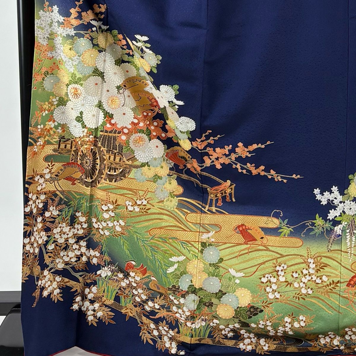 振袖 身丈170 cm 裄丈68 L 袷 花車 鴛鴦 金糸 金彩 紺色 正絹 秀品