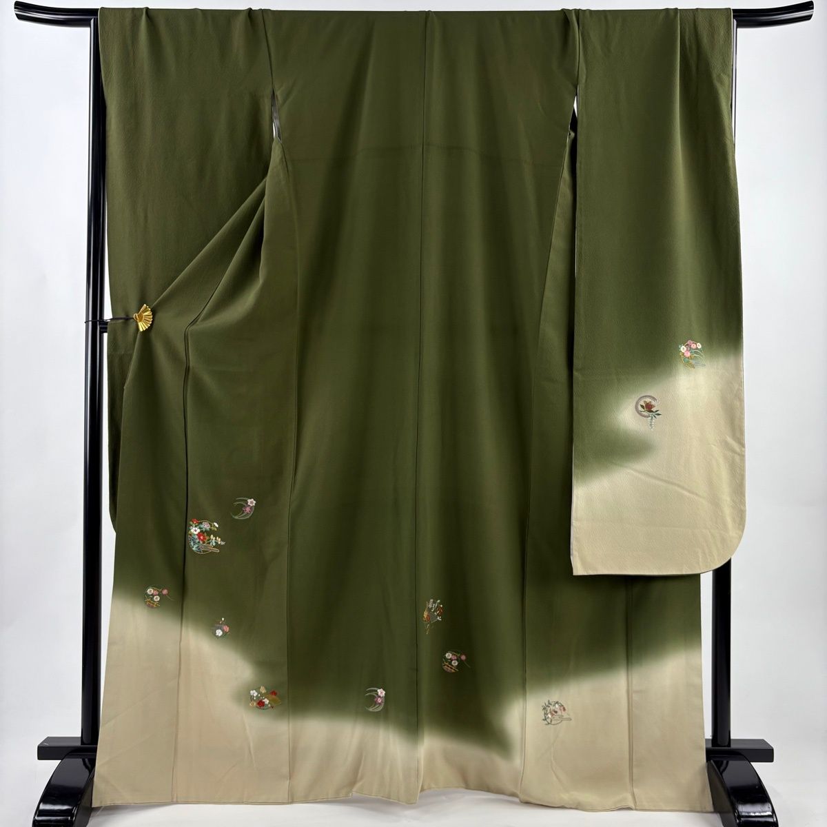 振袖 身丈166.5 cm 裄丈70 L 袷 花丸文 霞 刺繍 金銀糸 鶯色 正絹 秀品