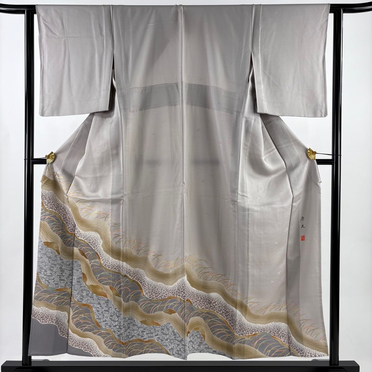 色留袖 身丈153 cm 裄丈62.5 S 単衣 落款 観世水 葉 金彩 ぼかし 灰色 正絹 秀品 一つ紋