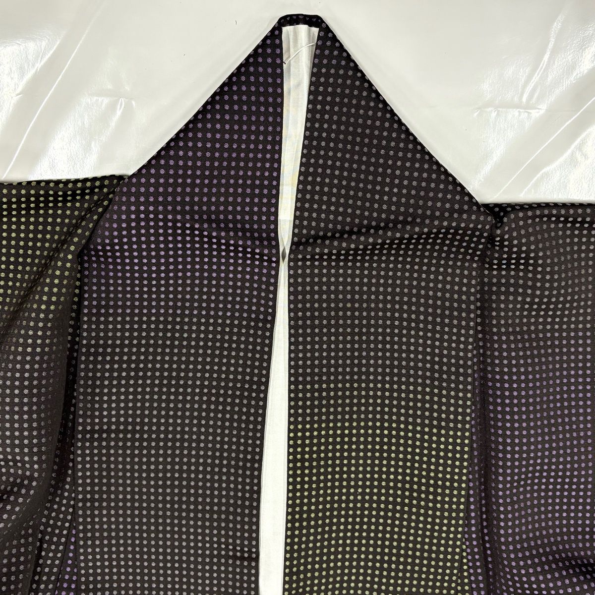  小紋 身丈154 cm 裄丈64 M 袷 段縞 幾何学 灰紫 正絹 秀品 小紋 着物