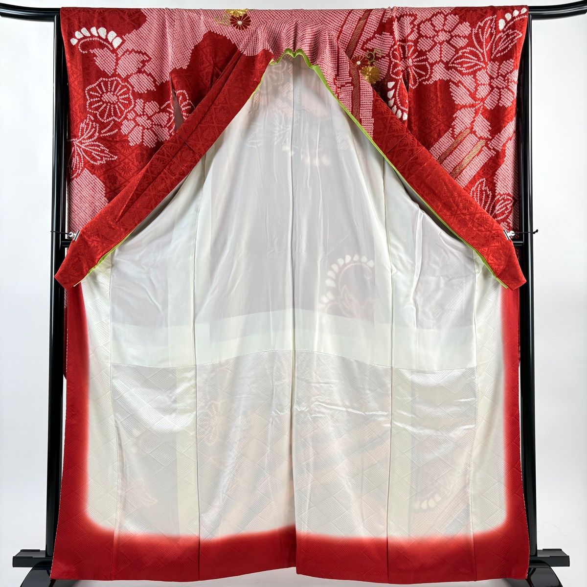  振袖 身丈162.5 cm 裄丈66.5 M 袷 橘 菊 絞り 金糸 赤 正絹 秀品 振袖 着物