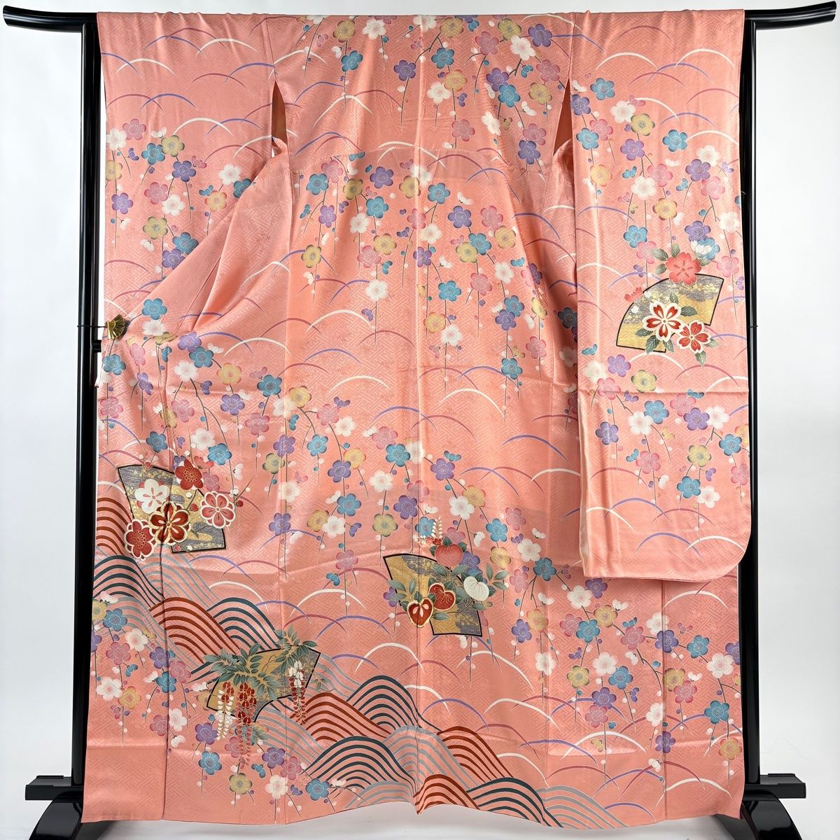 振袖 身丈164 cm 裄丈66 M 袷 鈴乃屋 扇面 梅 金糸 金彩 ピンク 正絹 秀品