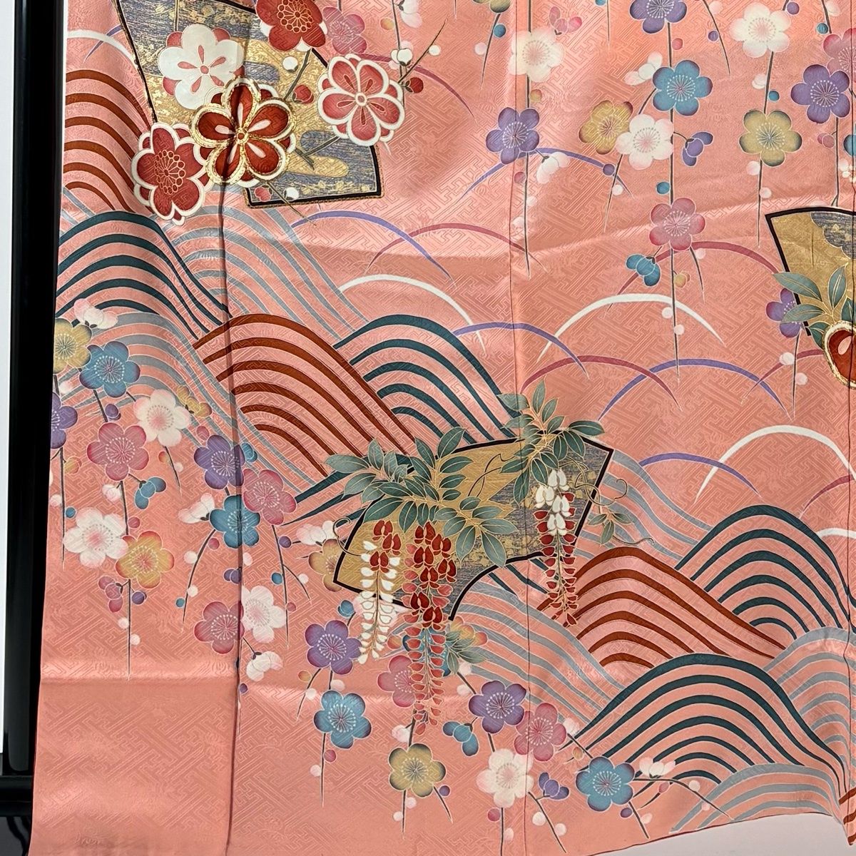 振袖 身丈164 cm 裄丈66 M 袷 鈴乃屋 扇面 梅 金糸 金彩 ピンク 正絹 秀品