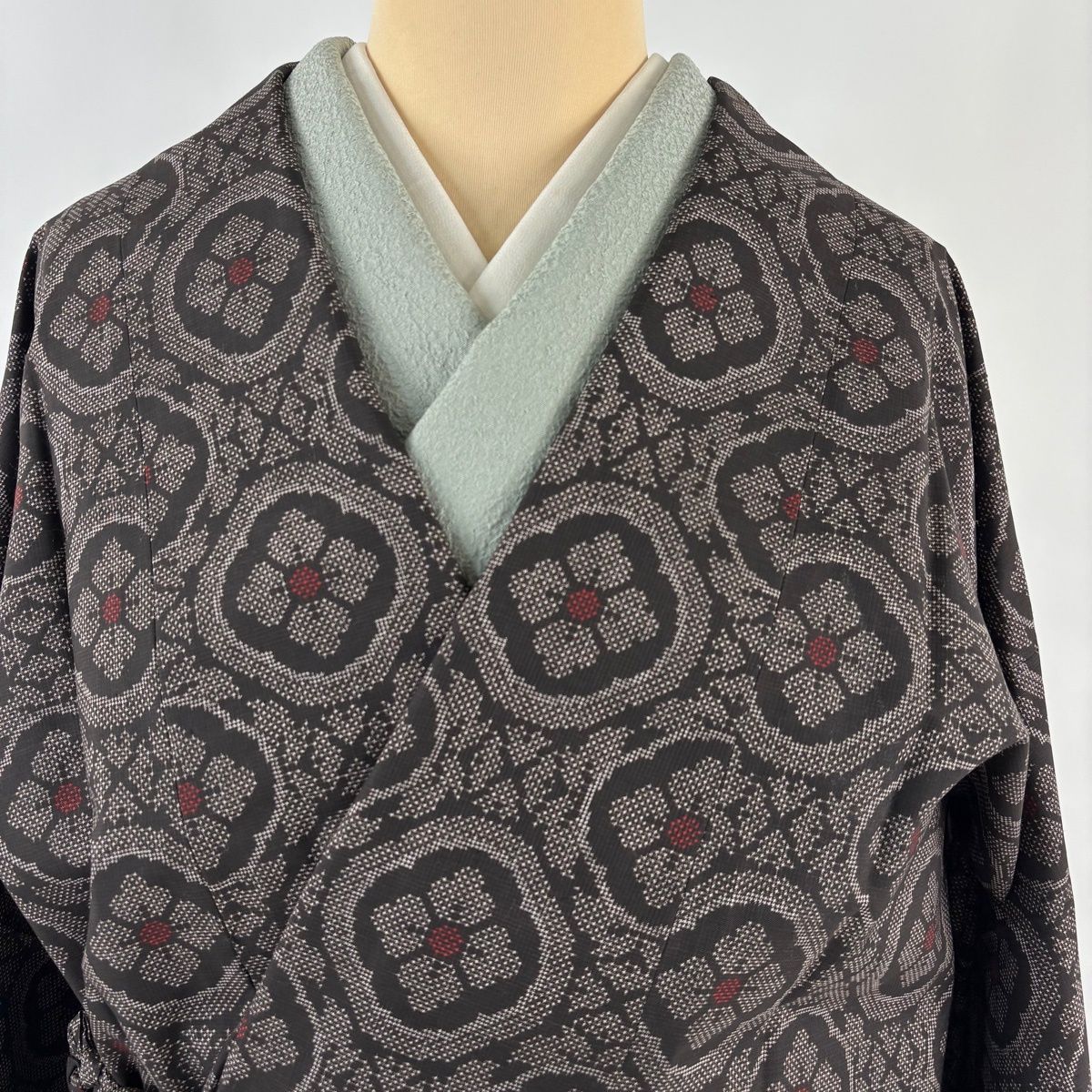  道中着 身丈122 cm 裄丈64 5 M 和装コート 華文 幾何学模様 紬地 焦茶色 正絹 秀品 羽織 着物 浴衣
