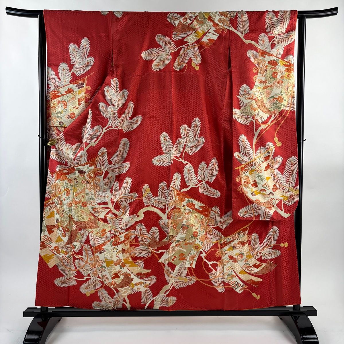 振袖 身丈158cm 裄丈62.5cm S 袷 几帳 若松 金糸 金彩 朱色 正絹 秀品