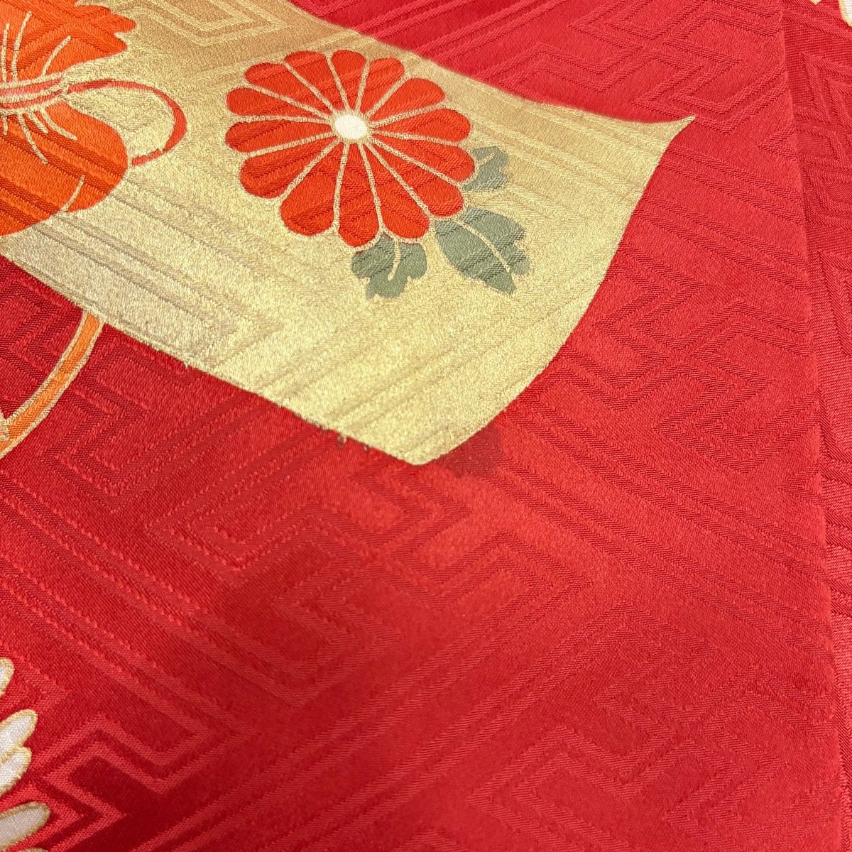  振袖 身丈158 cm 裄丈62.5 S 袷 几帳 若松 金糸 金彩 朱色 正絹 秀品 振袖 着物