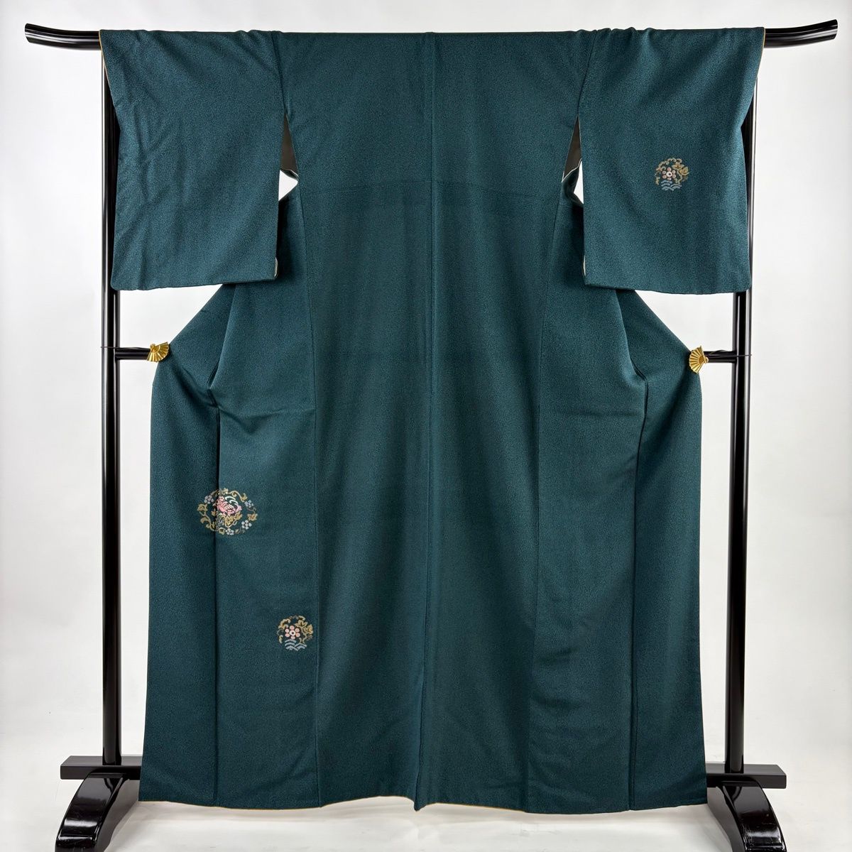 付下げ 身丈164cm 裄丈68.5cm L 袷 鳥 草花 刺繍 箔 深緑 正絹 秀品