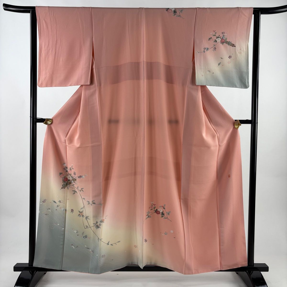 訪問着 身丈158 cm 裄丈63 S 袷 落款 花筏 波 染め分け ぼかし ピンク 正絹 秀品