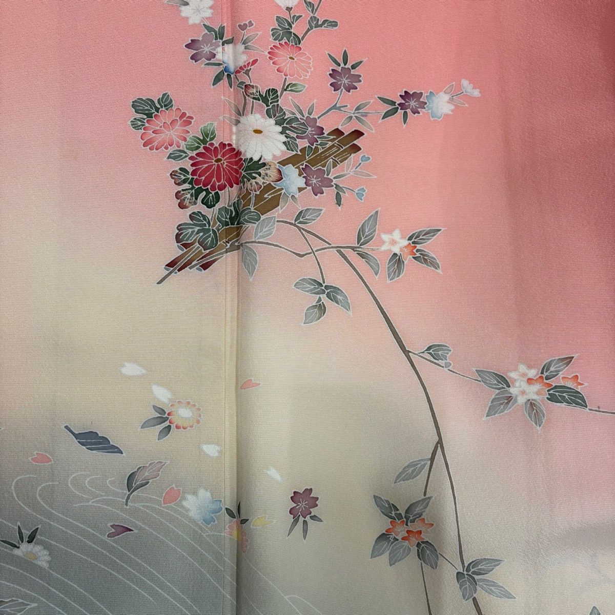  訪問着 身丈158 cm 裄丈63 S 袷 落款 花筏 波 染め分け ぼかし ピンク 正絹 秀品 訪問着 付け下げ 着物