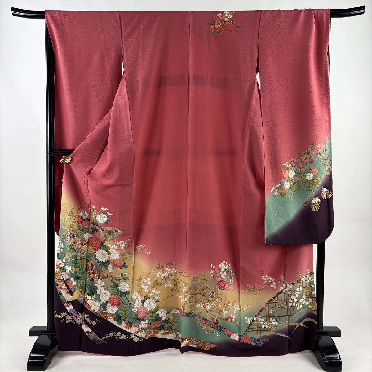 振袖 身丈167 5 cm 裄丈68 L 袷 花車 扇 金糸 金銀彩 ピンク 正絹 秀品