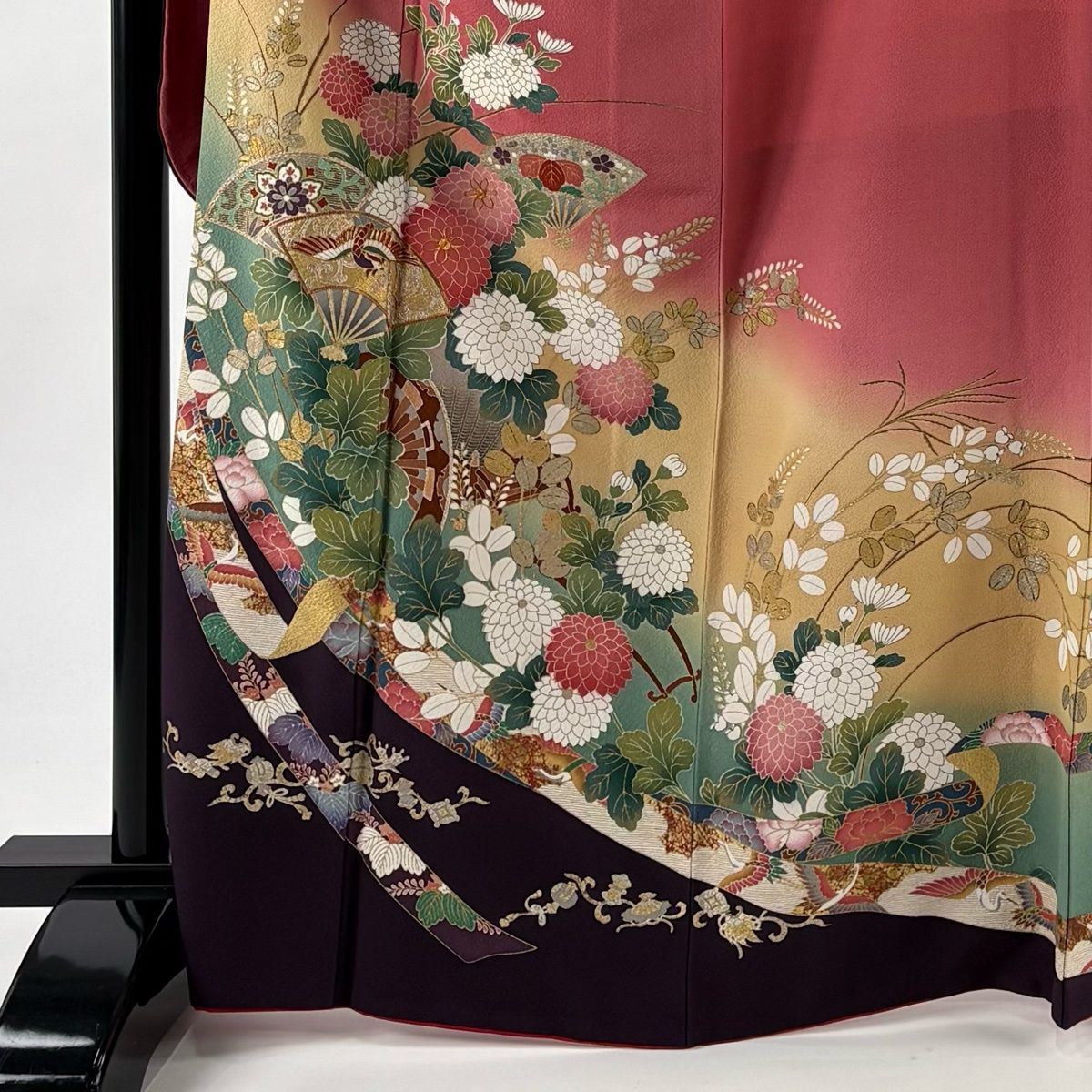 振袖 身丈167.5 cm 裄丈68 L 袷 花車 扇 金糸 金銀彩 ピンク 正絹 秀品