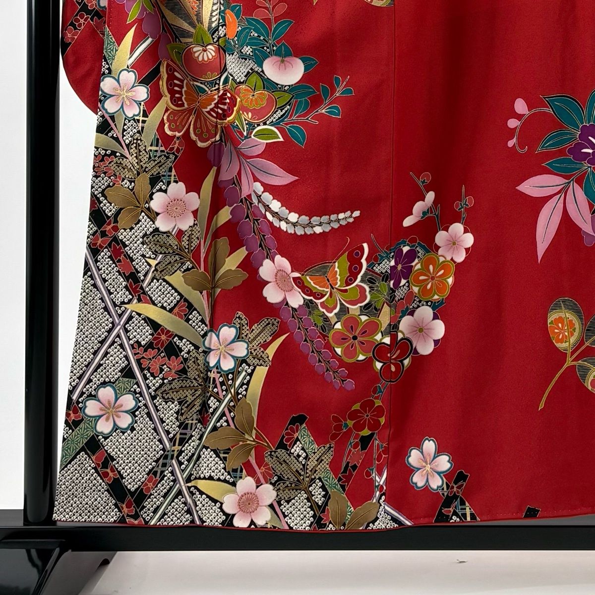 振袖 身丈154.5 cm 裄丈63.5 S 袷 蝶 橘 金糸 金彩 赤 正絹 秀品