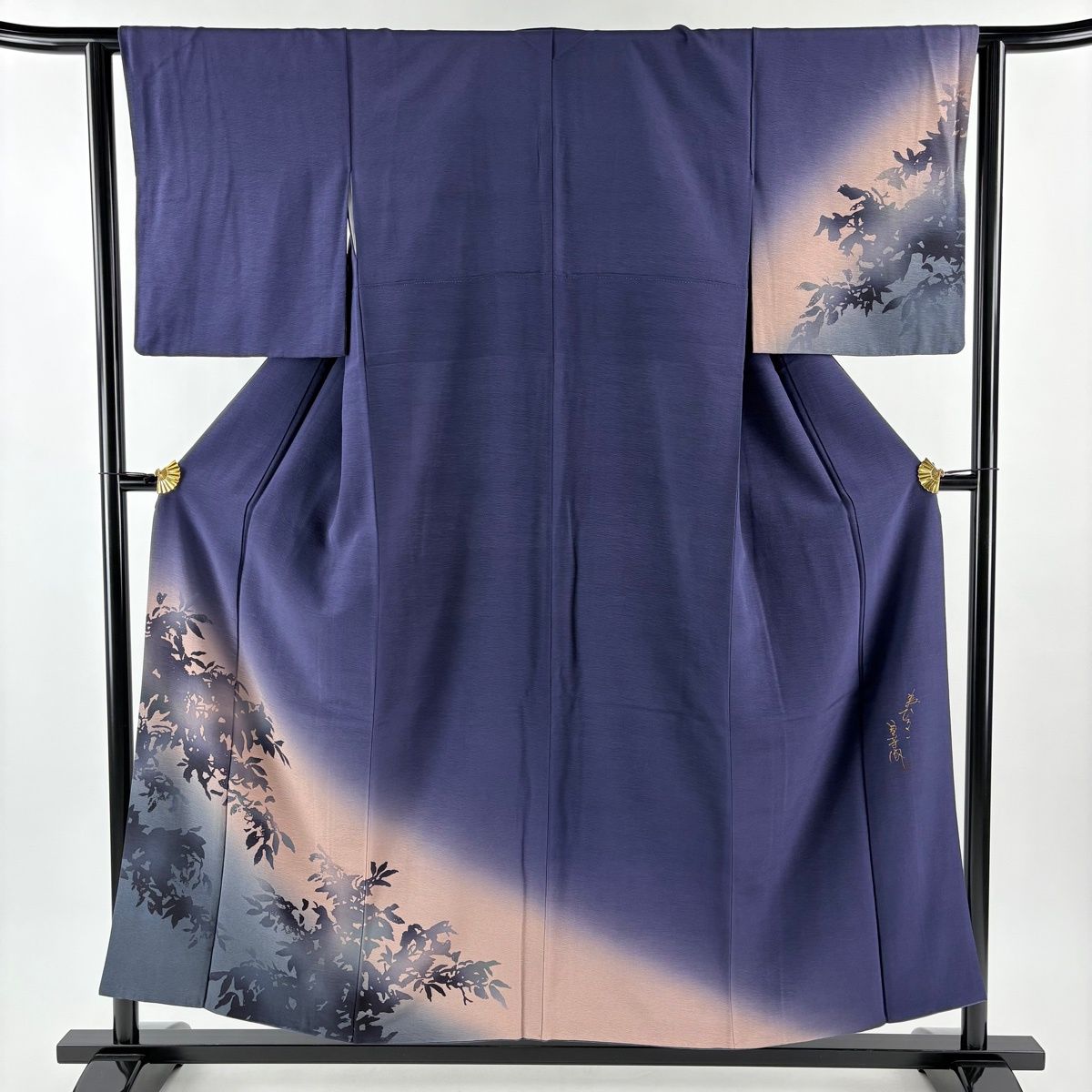 付下げ 身丈154 cm 裄丈61 5 S 袷 室華風 鈴乃屋 落款 葉柄 シルエット 染め分け ぼかし 紫 正絹 秀品