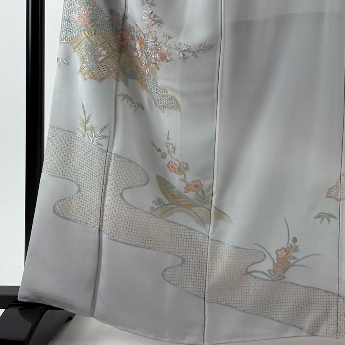 訪問着 身丈163 cm 裄丈62.5 S 袷 草花 舟 刺繍 灰色 正絹 秀品