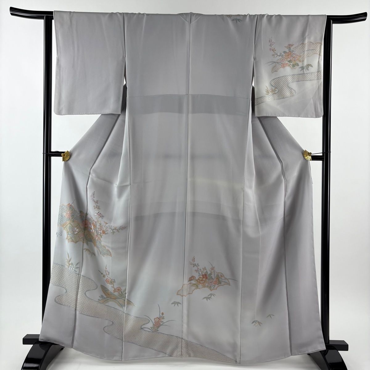 訪問着 身丈163 cm 裄丈62 5 S 袷 草花 舟 刺繍 灰色 正絹 秀品