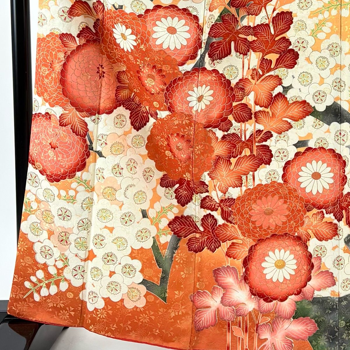 振袖 身丈164 cm 裄丈66 M 袷 菊 枝梅 金糸 金彩 薄オレンジ 正絹 秀品
