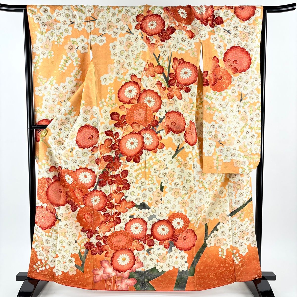 振袖 身丈164 cm 裄丈66 M 袷 菊 枝梅 金糸 金彩 薄オレンジ 正絹 秀品