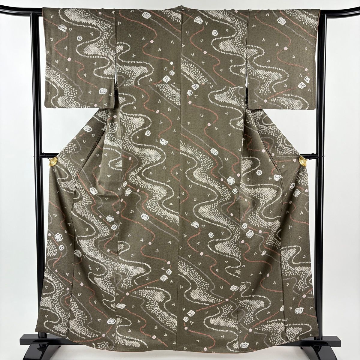 小紋 身丈161 cm 裄丈62 5 S 袷 流水 花 絞り 茶緑色 正絹 秀品