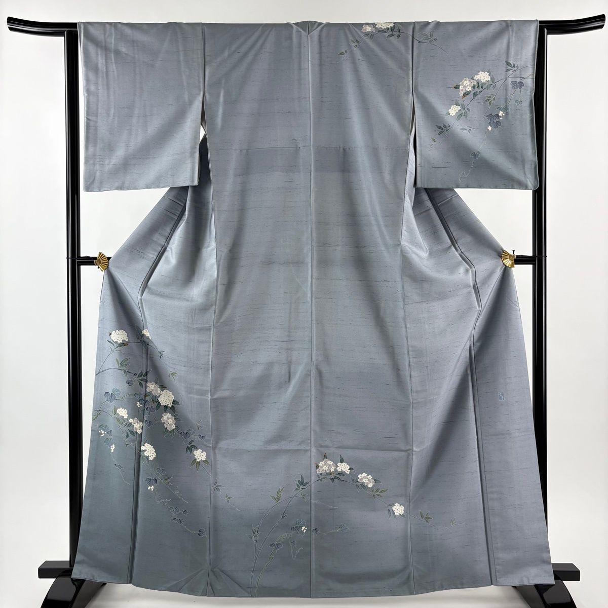 訪問着 身丈164 cm 裄丈64 M 袷 紬地 落款 枝花 ぼかし 青灰色 正絹 秀品