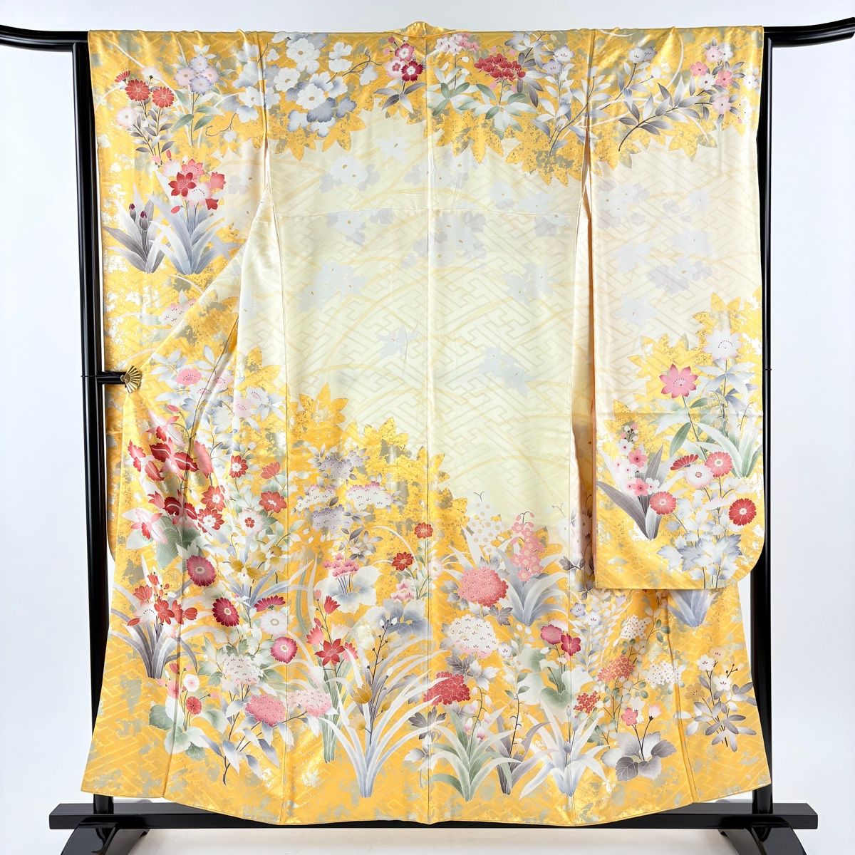 振袖 身丈157 cm 裄丈65 M 袷 草花 金彩 山吹色 正絹 秀品