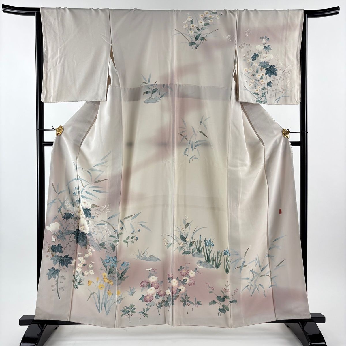 訪問着 身丈161 cm 裄丈65 M 袷 落款 草花 霞 ぼかし 薄小豆 正絹 秀品