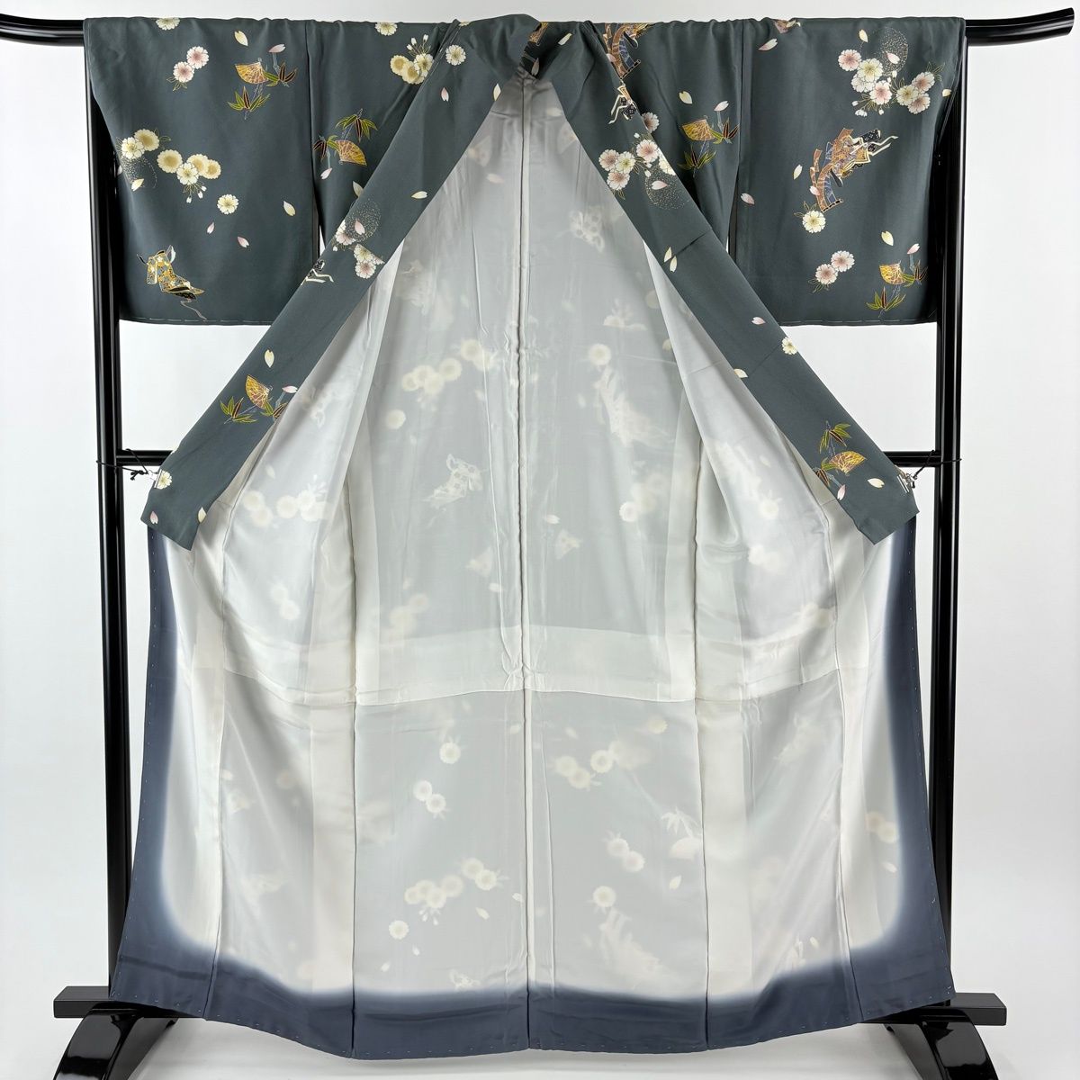  小紋 身丈162 cm 裄丈67 M 袷 落款 桜 誰が袖 金彩 深緑 正絹 秀品 小紋 着物