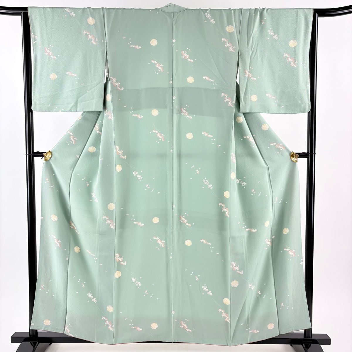 小紋 身丈157 cm 裄丈65 M 袷 桜 雪輪 薄緑 正絹 秀品