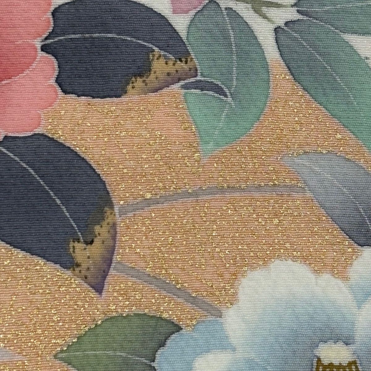  訪問着 身丈164.5 cm 裄丈65.5 M 袷 枝花 霞 金彩 絞り サーモンピンク 正絹 秀品 訪問着 付け下げ 着物