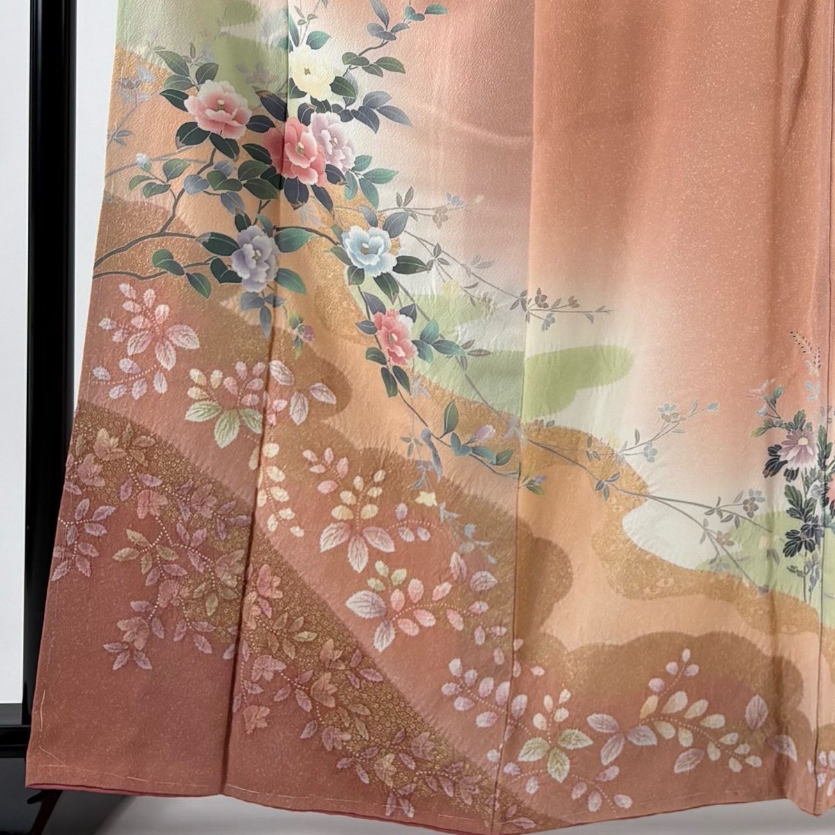 訪問着 身丈164.5 cm 裄丈65.5 M 袷 枝花 霞 金彩 絞り サーモンピンク 正絹 秀品
