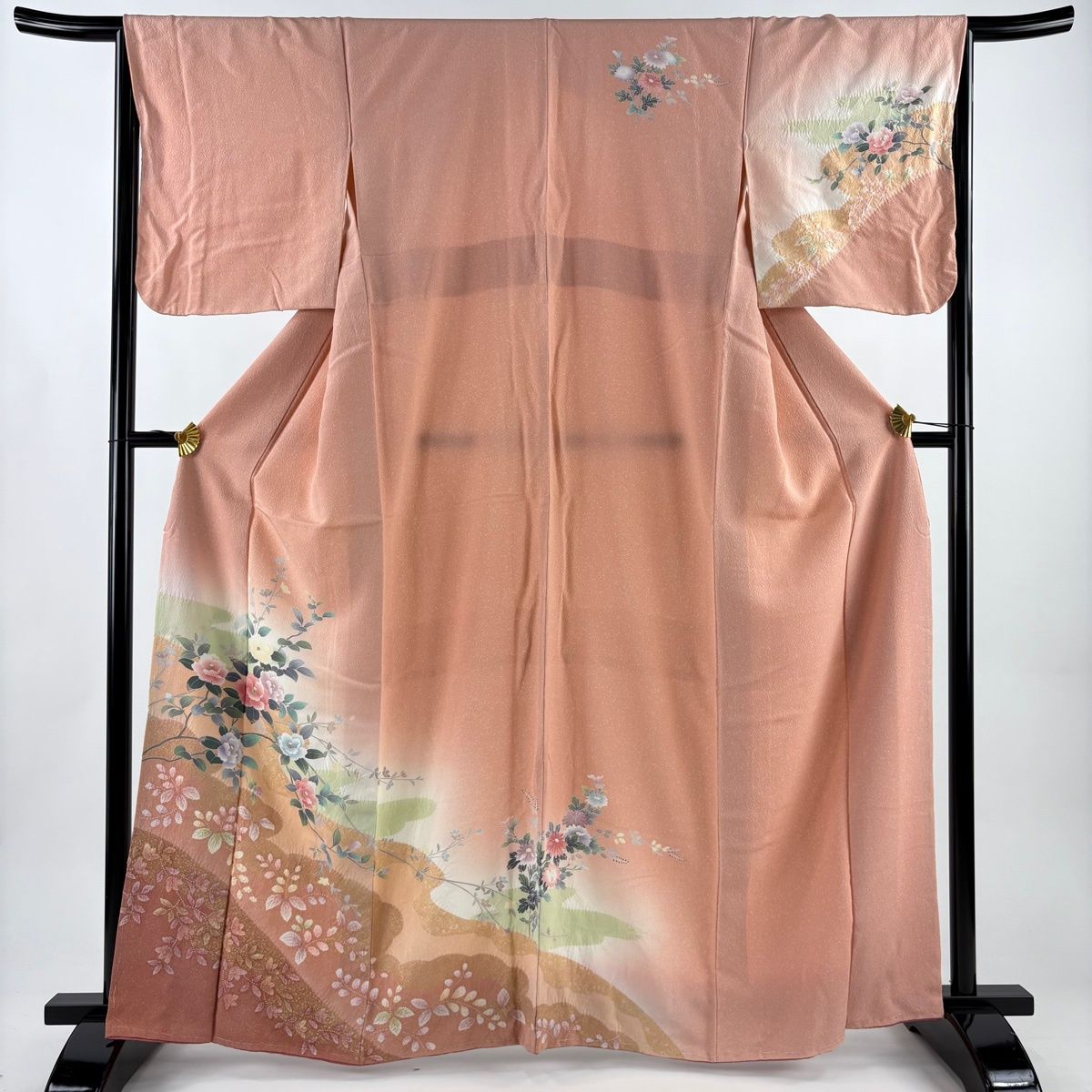 訪問着 身丈164 5 cm 裄丈65 M 袷 枝花 霞 金彩 絞り サーモンピンク 正絹 秀品