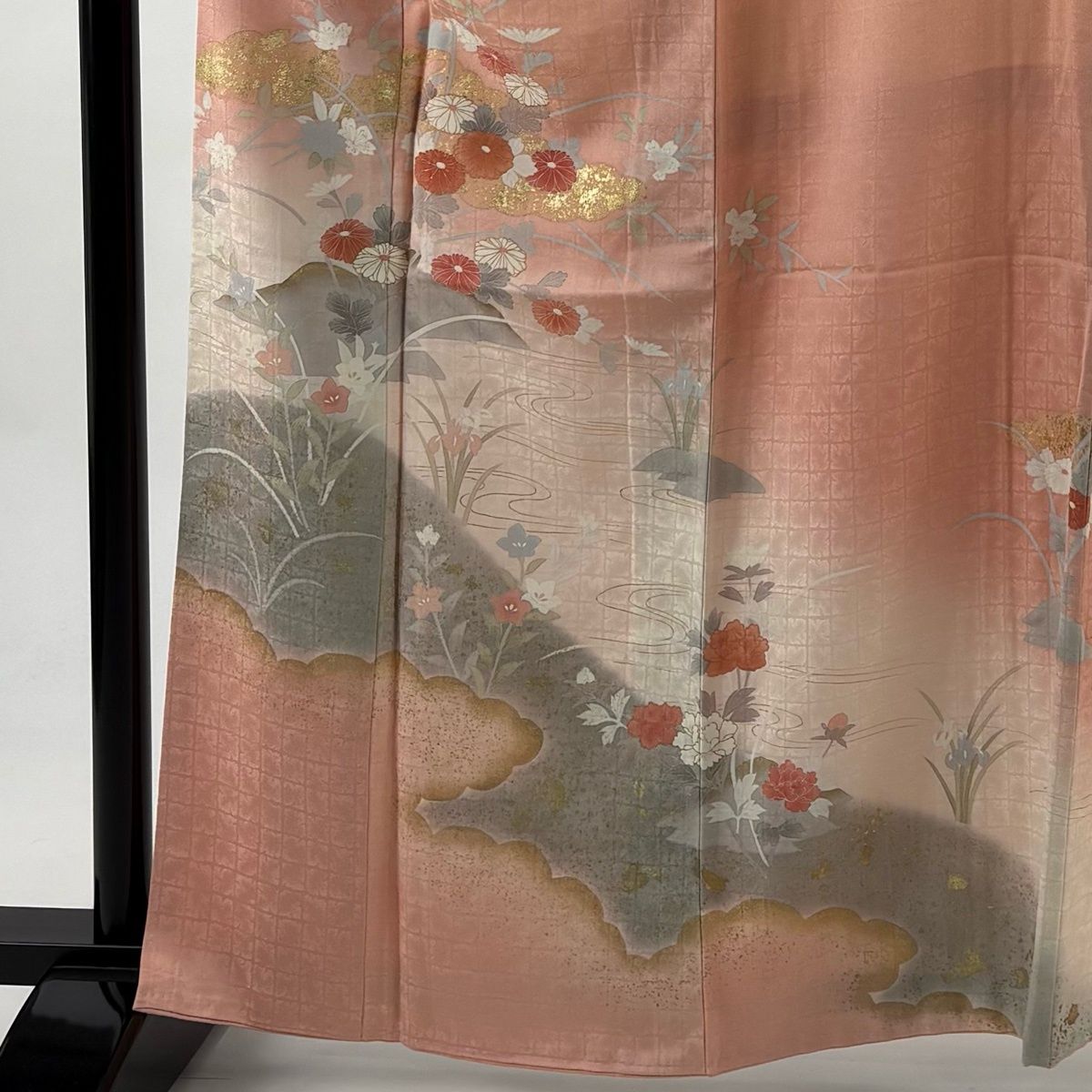 訪問着 身丈162 cm 裄丈67 M 袷 菊 雲文 金彩 ぼかし サーモンピンク 正絹 秀品