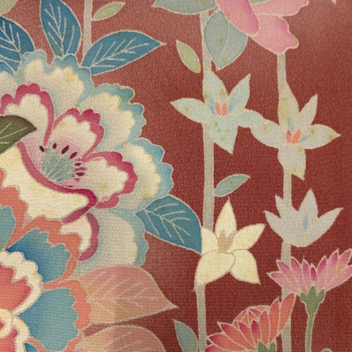  訪問着 身丈164.5 cm 裄丈64 M 袷 落款 草花 牡丹 染め分け ぼかし 赤茶 正絹 秀品 一つ紋 訪問着 付け下げ 着物