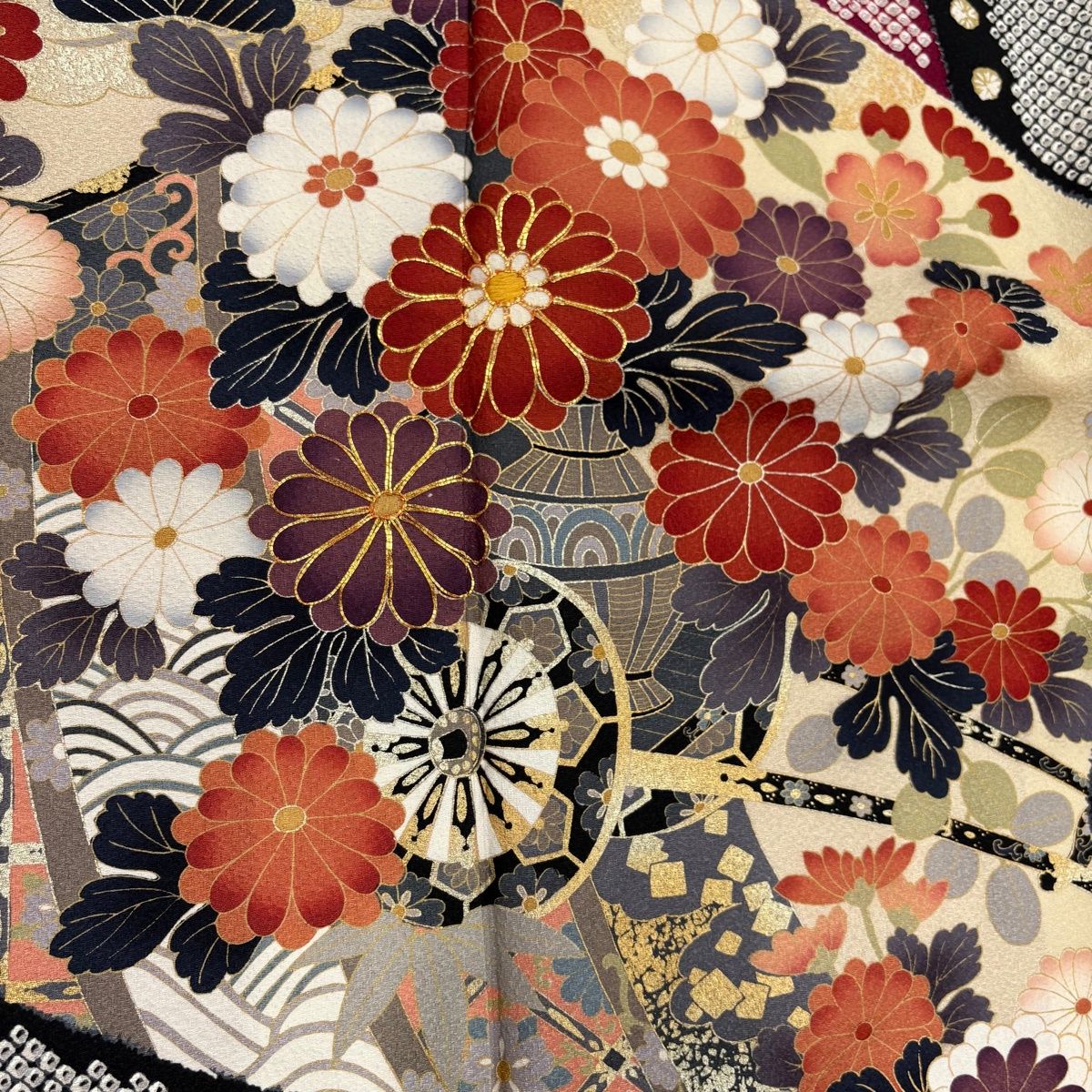  振袖 身丈165 cm 裄丈67.5 L 袷 花車 麻の葉 金糸 金彩 赤紫 正絹 秀品 振袖 着物