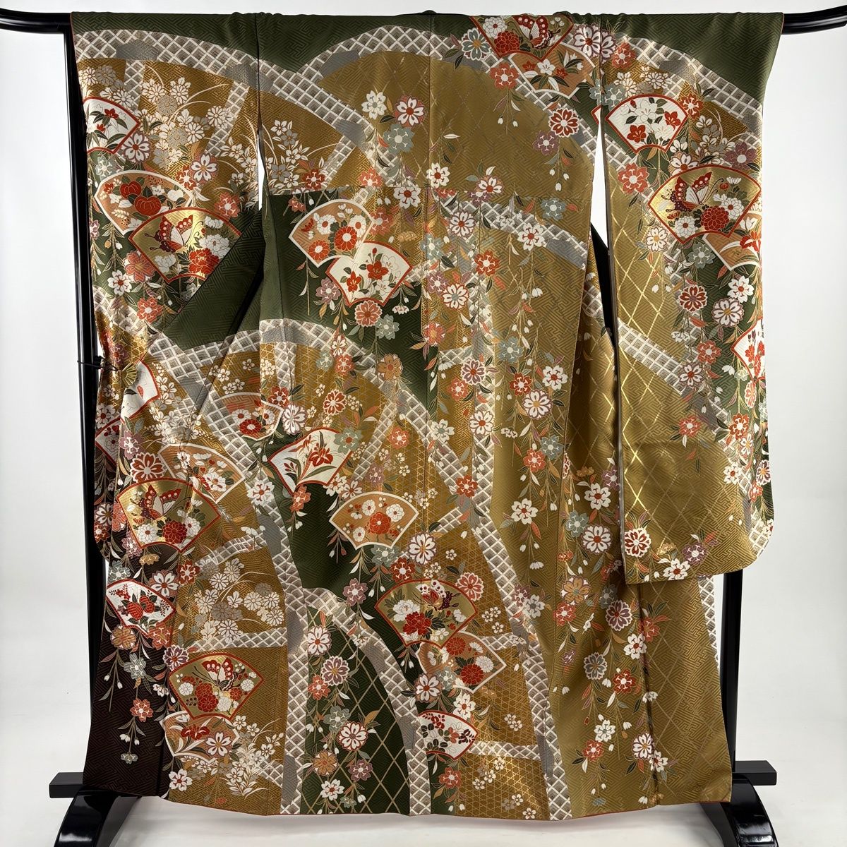 振袖 身丈164 cm 裄丈68 L 袷 扇面 花蝶 金彩 染め分け 茶緑色 正絹 秀品