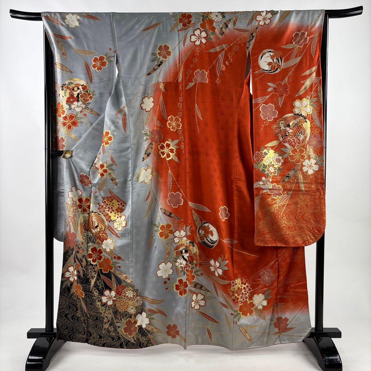 振袖 身丈163 5 cm 裄丈66 M 袷 鳳凰 枝垂れ桜 金彩 染め分け 灰色 正絹 秀品