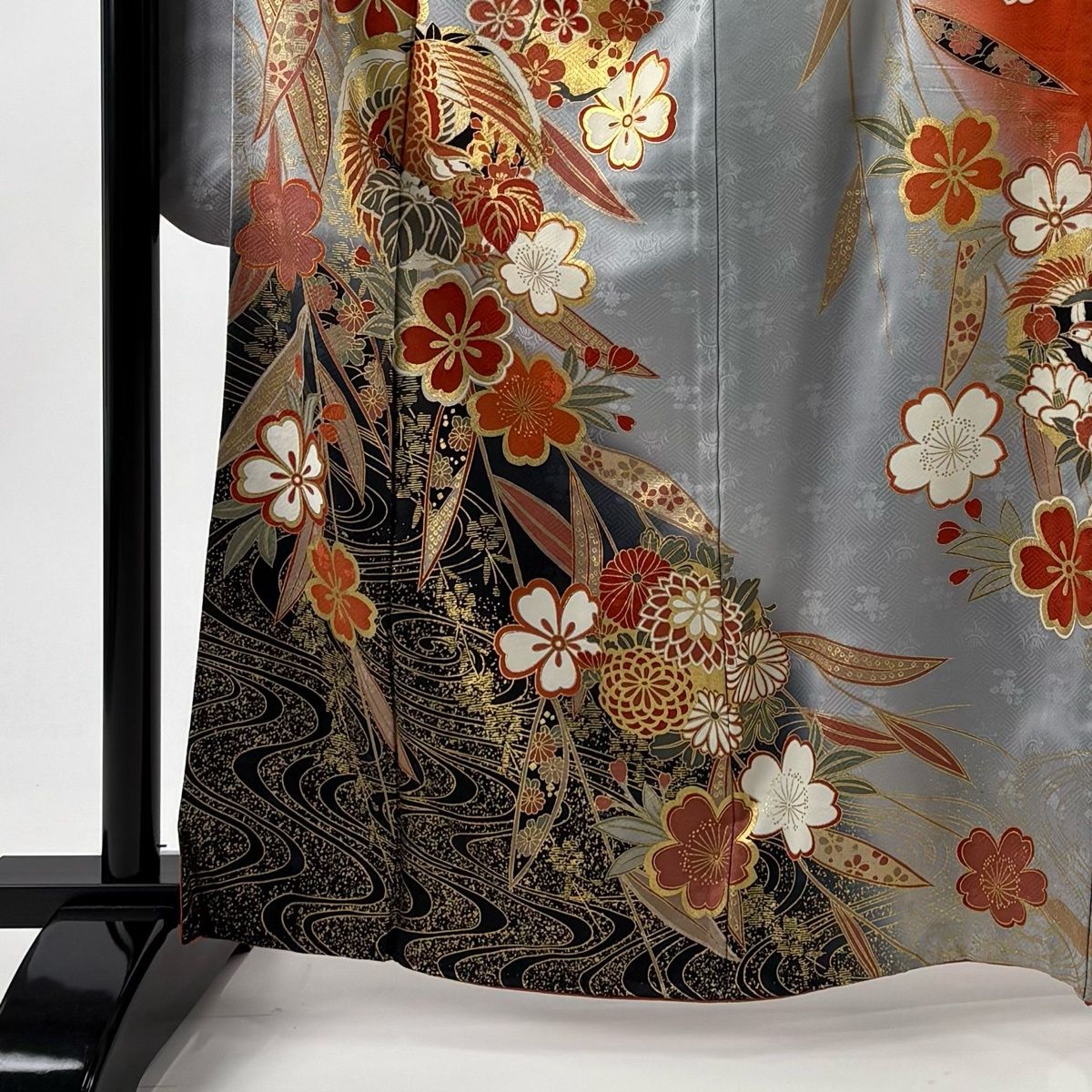 振袖 身丈163.5 cm 裄丈66.5 M 袷 鳳凰 枝垂れ桜 金彩 染め分け 灰色 正絹 秀品