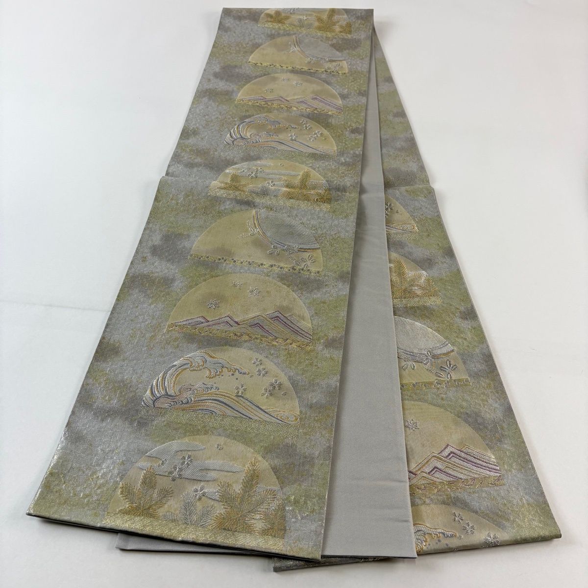  袋帯 秀品 映調四季文 波 山並み 箔 金銀糸 銀色 六通 正絹 袋帯 帯