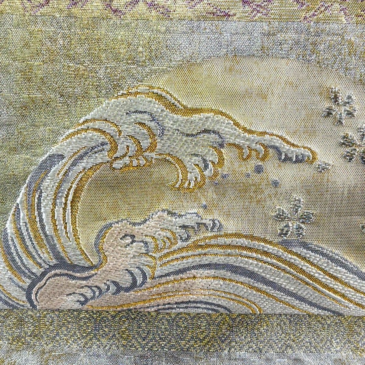 袋帯 秀品 映調四季文 波 山並み 箔 金銀糸 銀色 六通 正絹