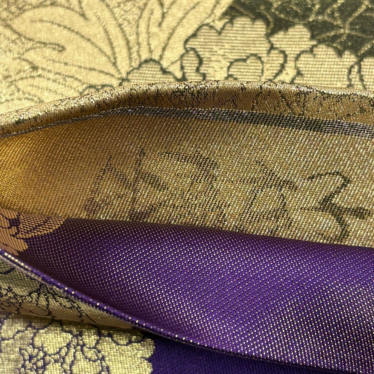 美品】 袋帯 秀品 牡丹 幾何学模様 金糸 箔 金色 六通 正絹 【中古
