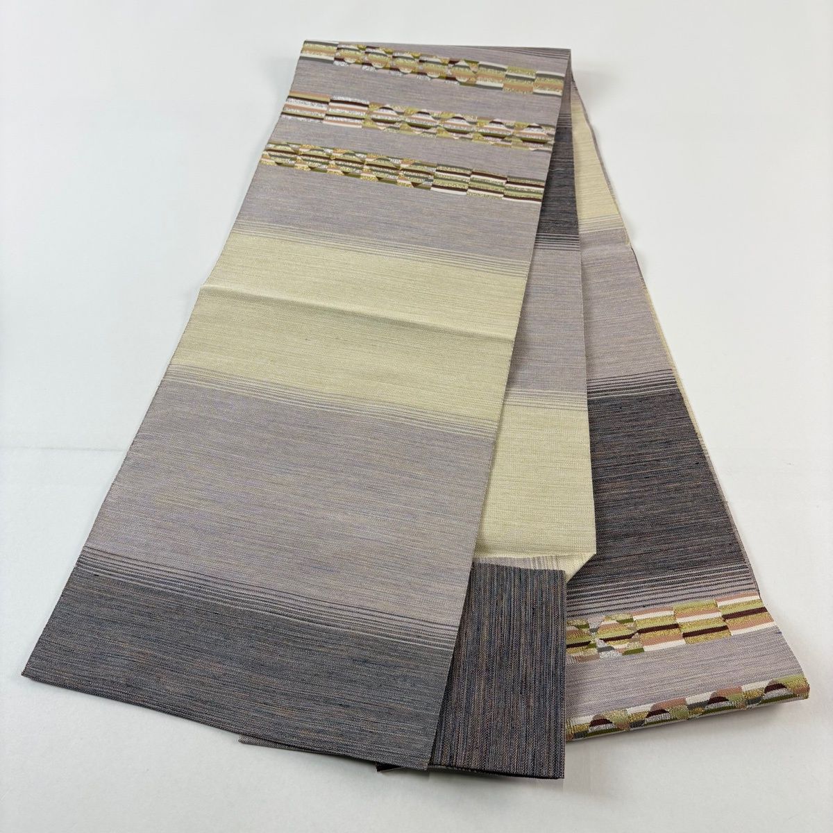 美品】 名古屋帯 秀品 八寸名古屋帯 松葉仕立て 縞 幾何学模様 金銀糸