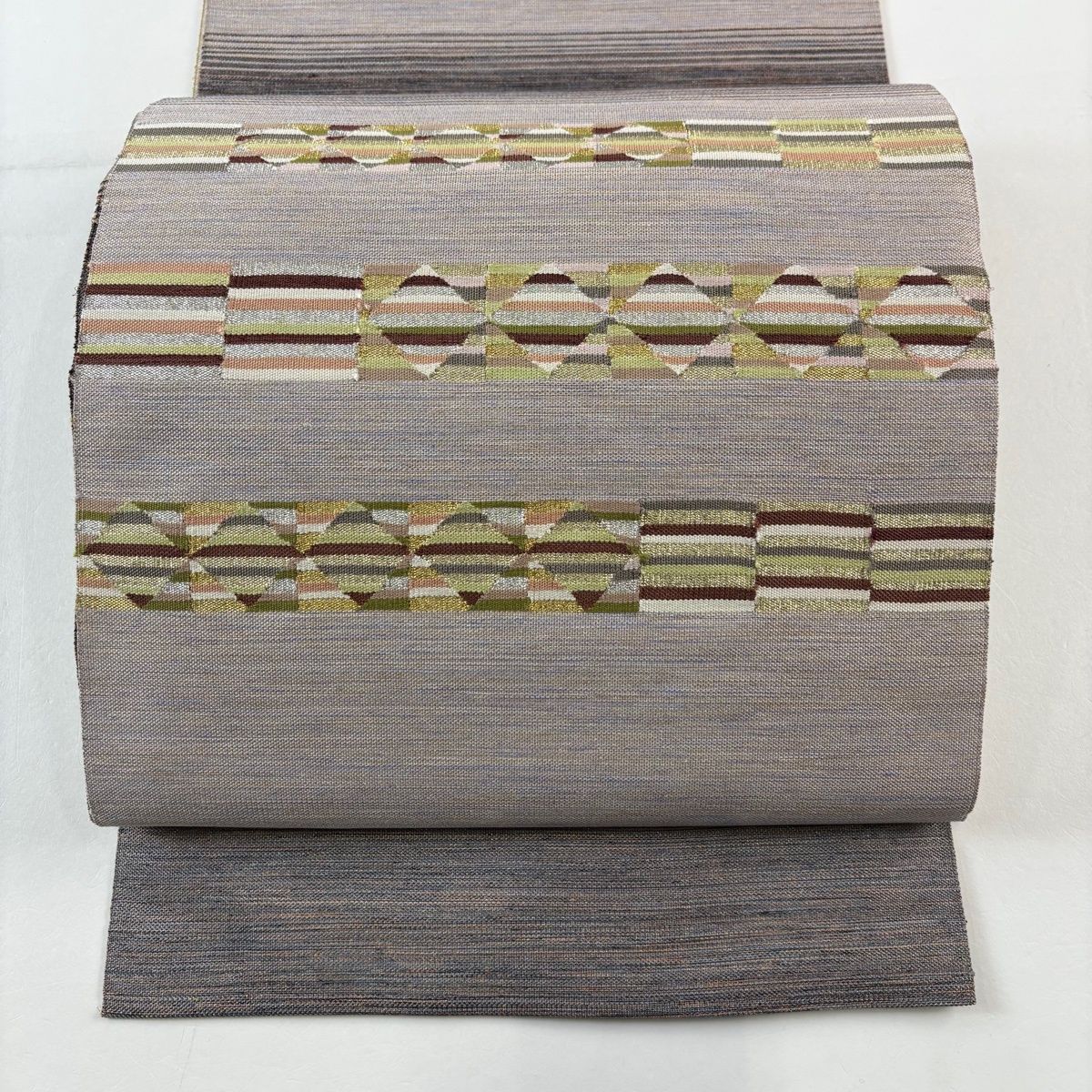 名古屋帯 秀品 八寸名古屋帯 松葉仕立て 縞 幾何学模様 金銀糸 薄紫 正絹