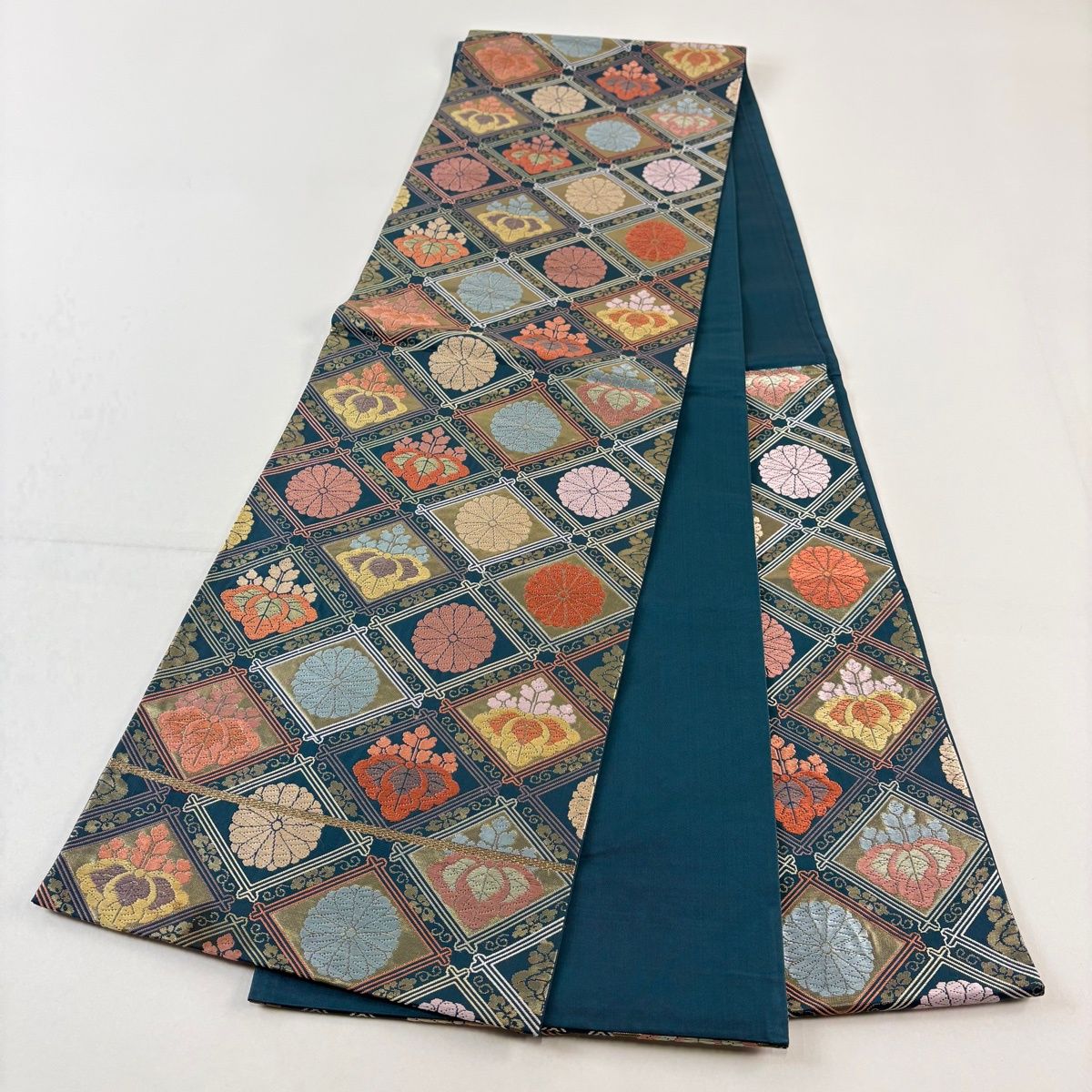 アンティーク京袋帯　百合・Lily（リリー）　青緑正絹　大正ロマン　No6-24 アンティーク京袋帯 百合・Lily（リリー） 青緑正絹 大正ロマン No6-24