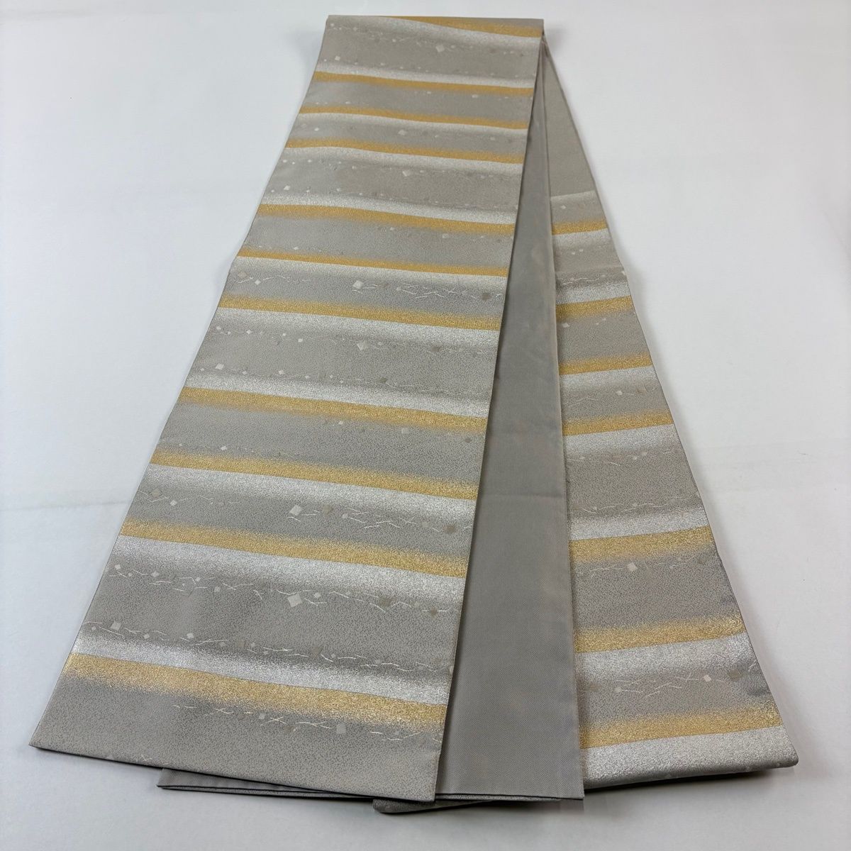  袋帯 秀品 段縞 箔散らし柄 箔 灰茶 六通 正絹 袋帯 帯