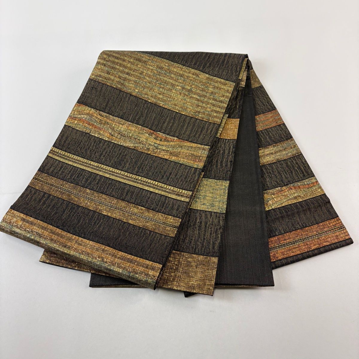  袋帯 秀品 段縞 箔 金糸 墨色 全通 正絹 袋帯 帯