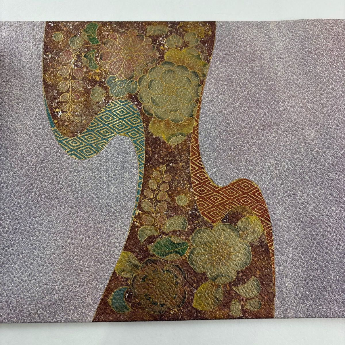  袋帯 秀品 関西仕立て 草花 菱 金彩 箔 薄紫 お太鼓柄 正絹 袋帯 帯