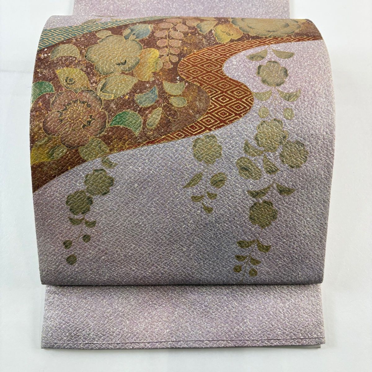 袋帯 秀品 関西仕立て 草花 菱 金彩 箔 薄紫 お太鼓柄 正絹