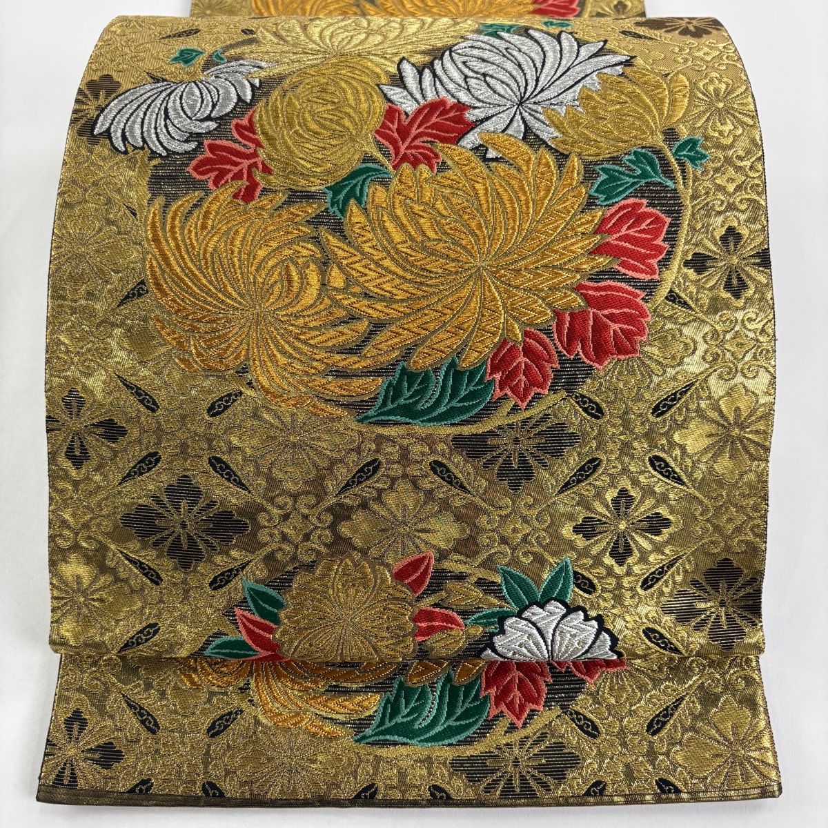 袋帯 秀品 雲上花の宴 菊 花菱 金銀糸 唐織 金色 六通 正絹