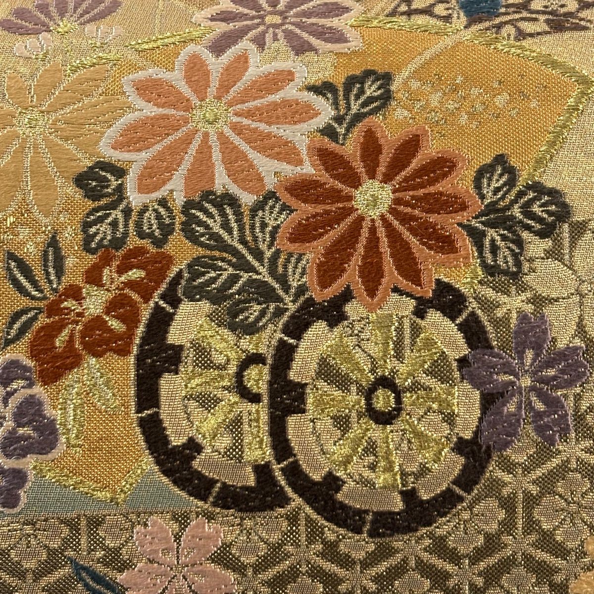 袋帯 秀品 関西仕立て 花車 桜 金糸 箔 黄土色 六通 正絹