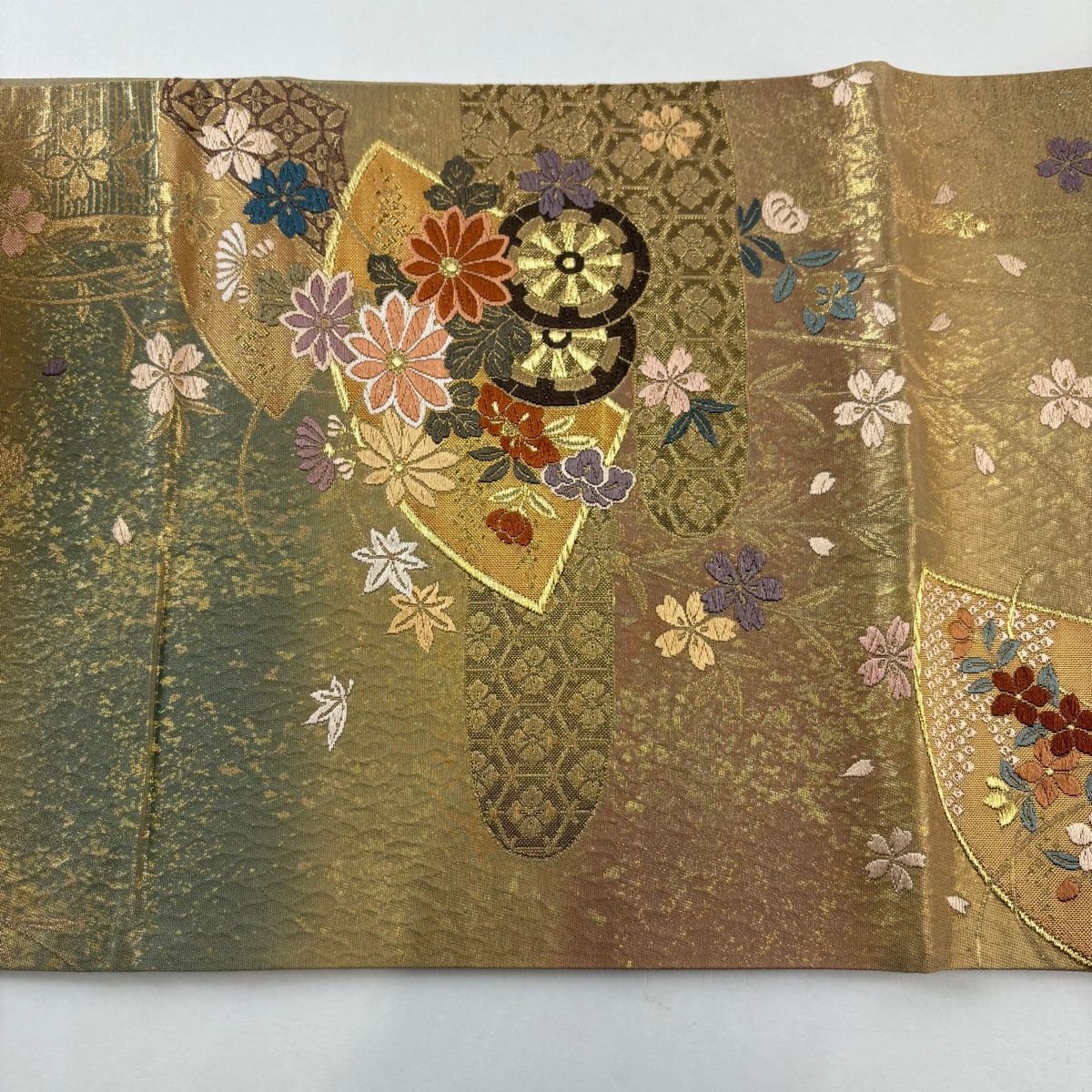  袋帯 秀品 関西仕立て 花車 桜 金糸 箔 黄土色 六通 正絹 袋帯 帯