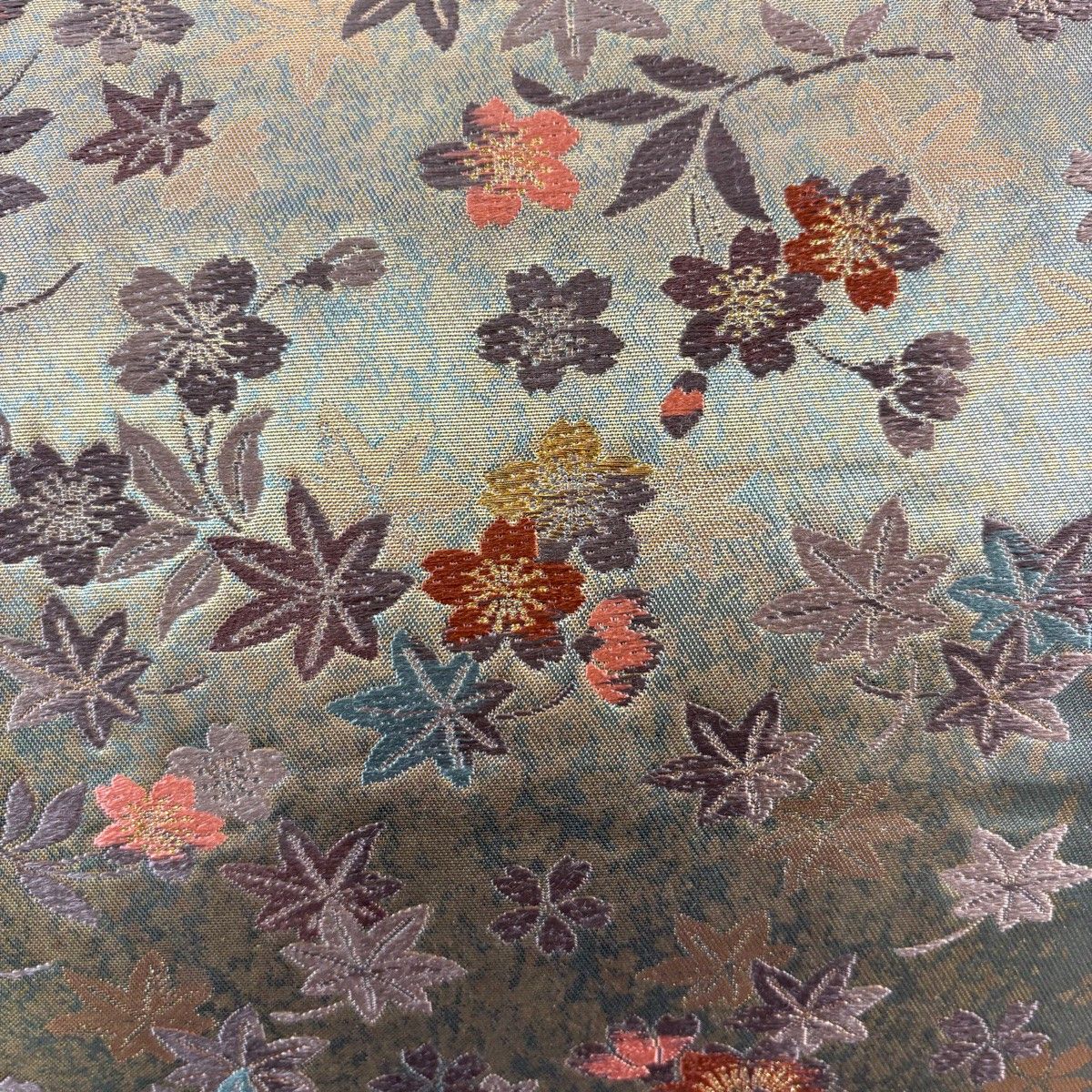 袋帯 秀品 関西仕立て 蒔絵桜楓文 金糸 箔 灰緑 六通 正絹